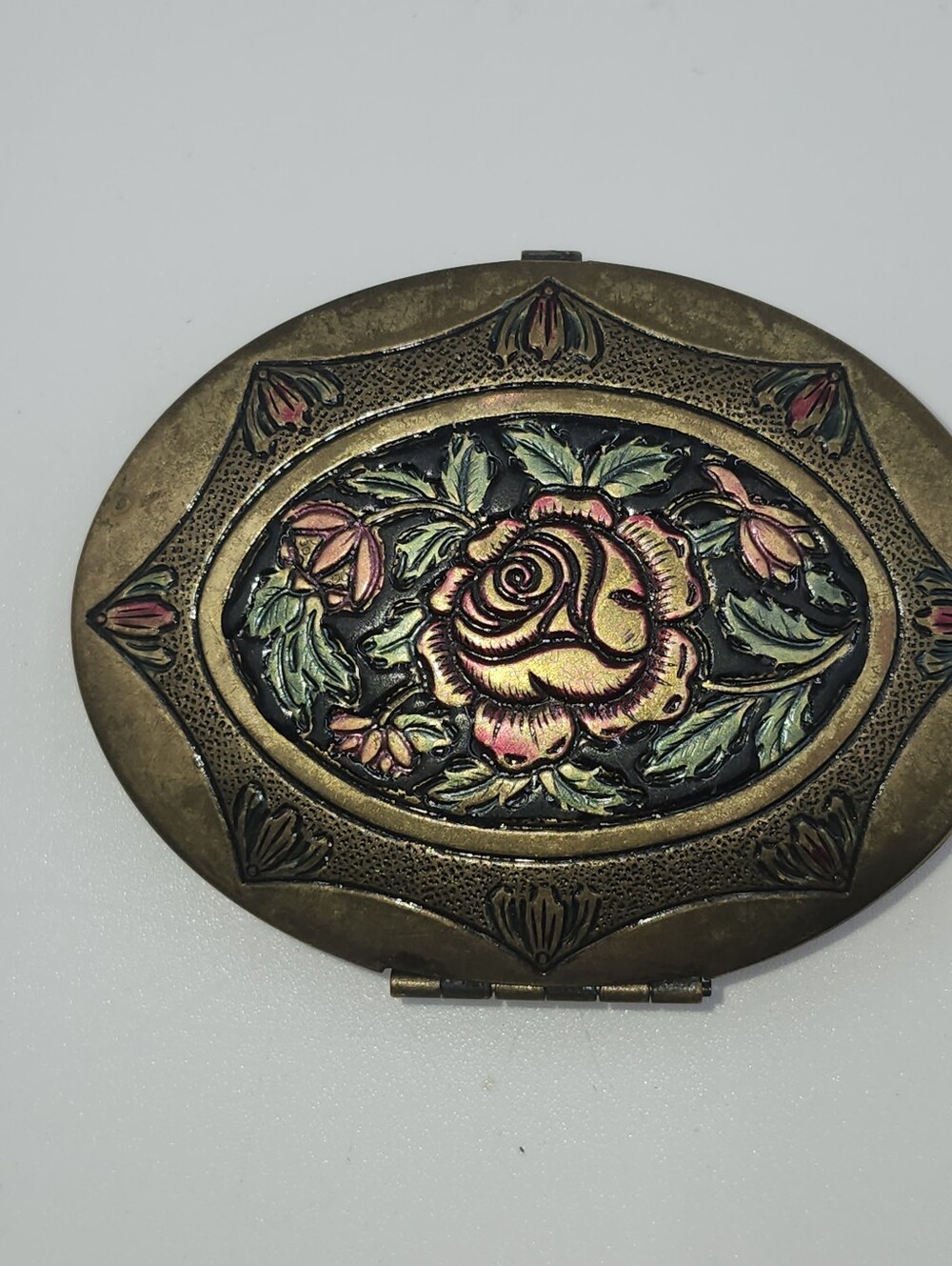 Vintage Pill Box brass metal victorian rose small oval cosmetic case